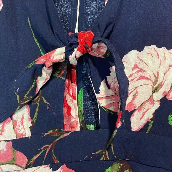 Anthropologie- Aakaa Black and Pink Floral Tie Front Mini Dress- Size Small - Picture 4 of 9